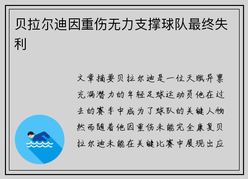 贝拉尔迪因重伤无力支撑球队最终失利